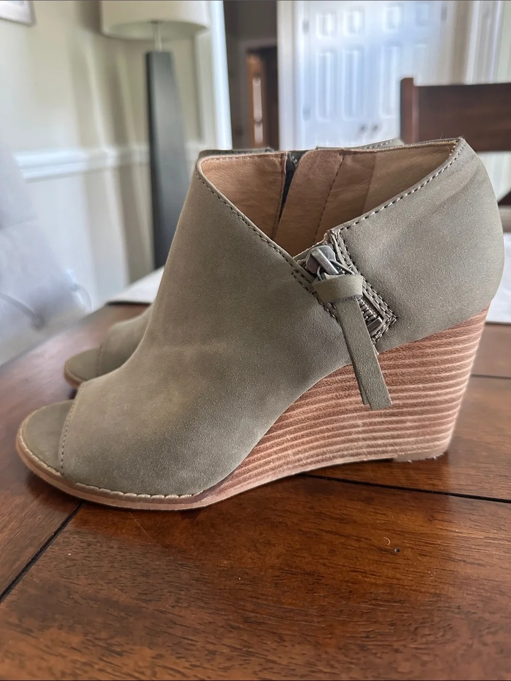 Jessica Simpson Suede Peep-Toe Wedge Booties in Olive - Women